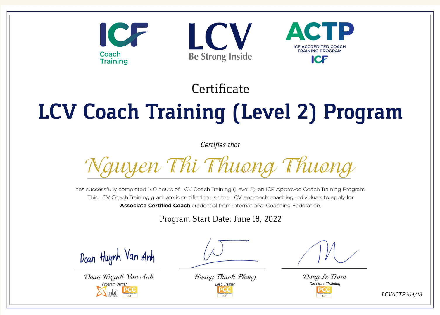 Chứng chỉ ICF LCV ACTP